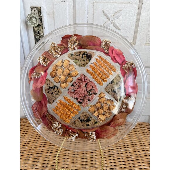 VIntage MCM Alpac Creations Lucite France Round Tray Real Flowers from Holland